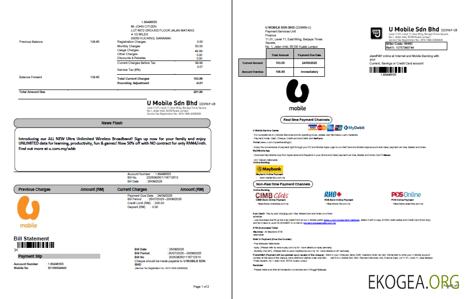 Malaysia U mobile utility bill template in word and pdf formats, 2 pages template